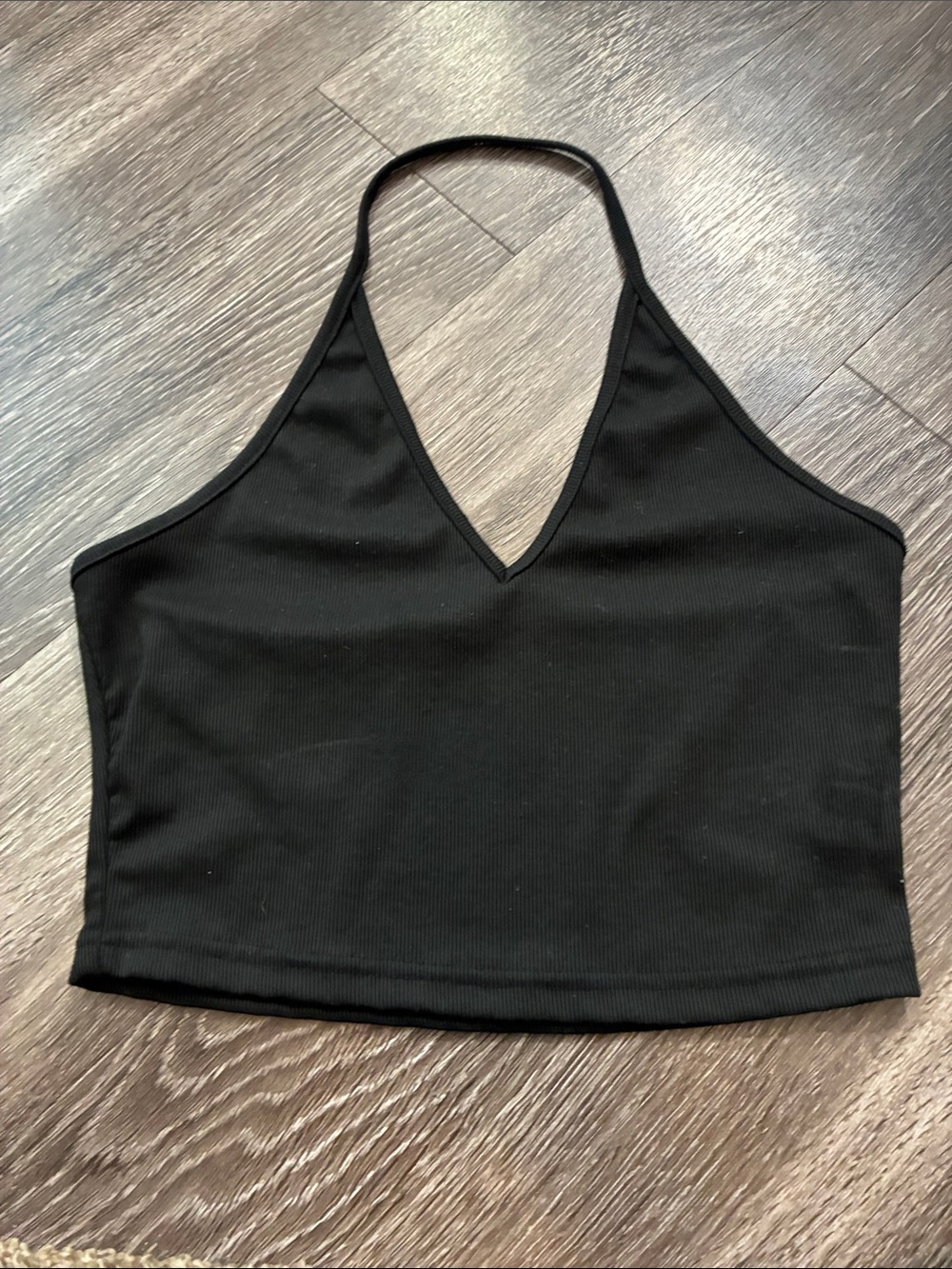 Black V-Neck Halter Ribbed Crop Top